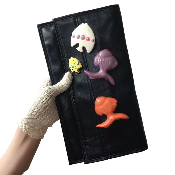 Cara Navy Clutch Bag Custom Fish Sea Pinned Purse Vintage Accessories - Picture 9 of 11